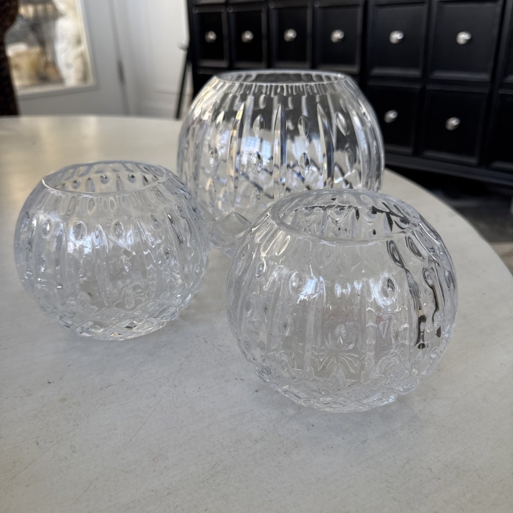 Vintage Heavy 24% Leaded Crystal Rose Vase/ Tea Candle Holder - Set Of 3
